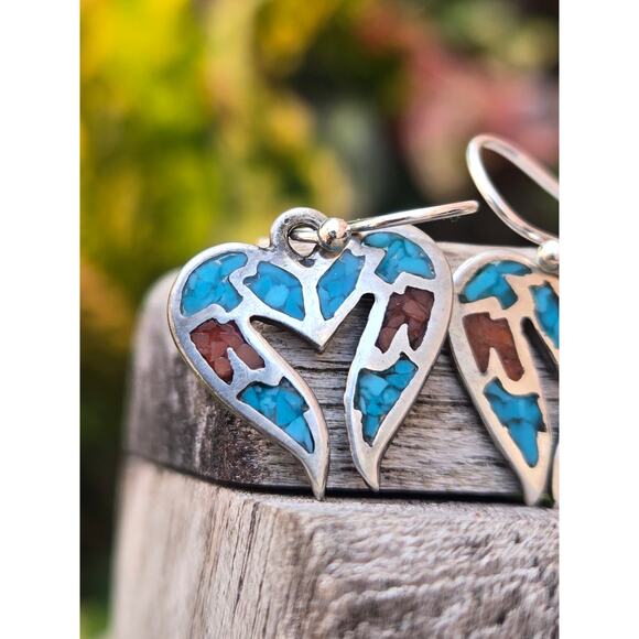 Vintage Sterling Silver Turquoise & Red Coral Inlay Heart Shaped Dangle Earrings - Picture 3 of 6